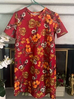 Zara Red/orange Floral Short-Sleeve Dress